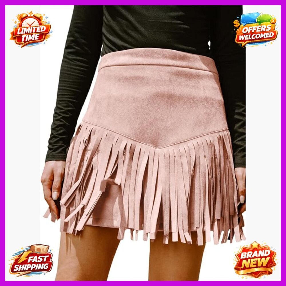 Faux Suede Fringe Mini Skirt High Waist Western Cowgirl Style